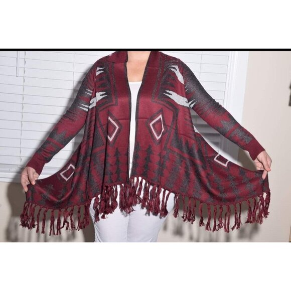 Ethnic Design Cardigan Burgundy With Black Tones Warm Sweaters - Picture 2 of 3